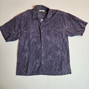 Tommy Bahama 100% Silk Palm Leaf Embossed‎ Camp Shirt Purple Gray L Men's